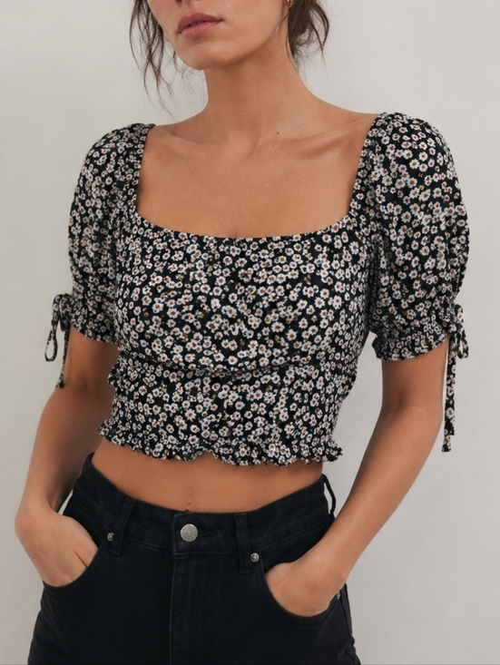 Zara Tops - Floral blouse with puff sleeves and square neckline